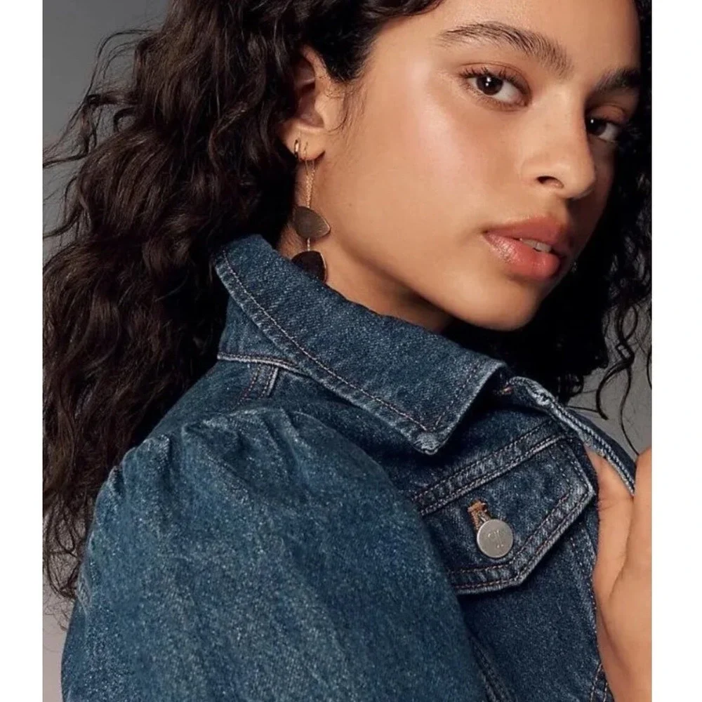 Pilcro‎ Denim Jacket Blue Puff-Sleeve Button-Up Cropped Medium
